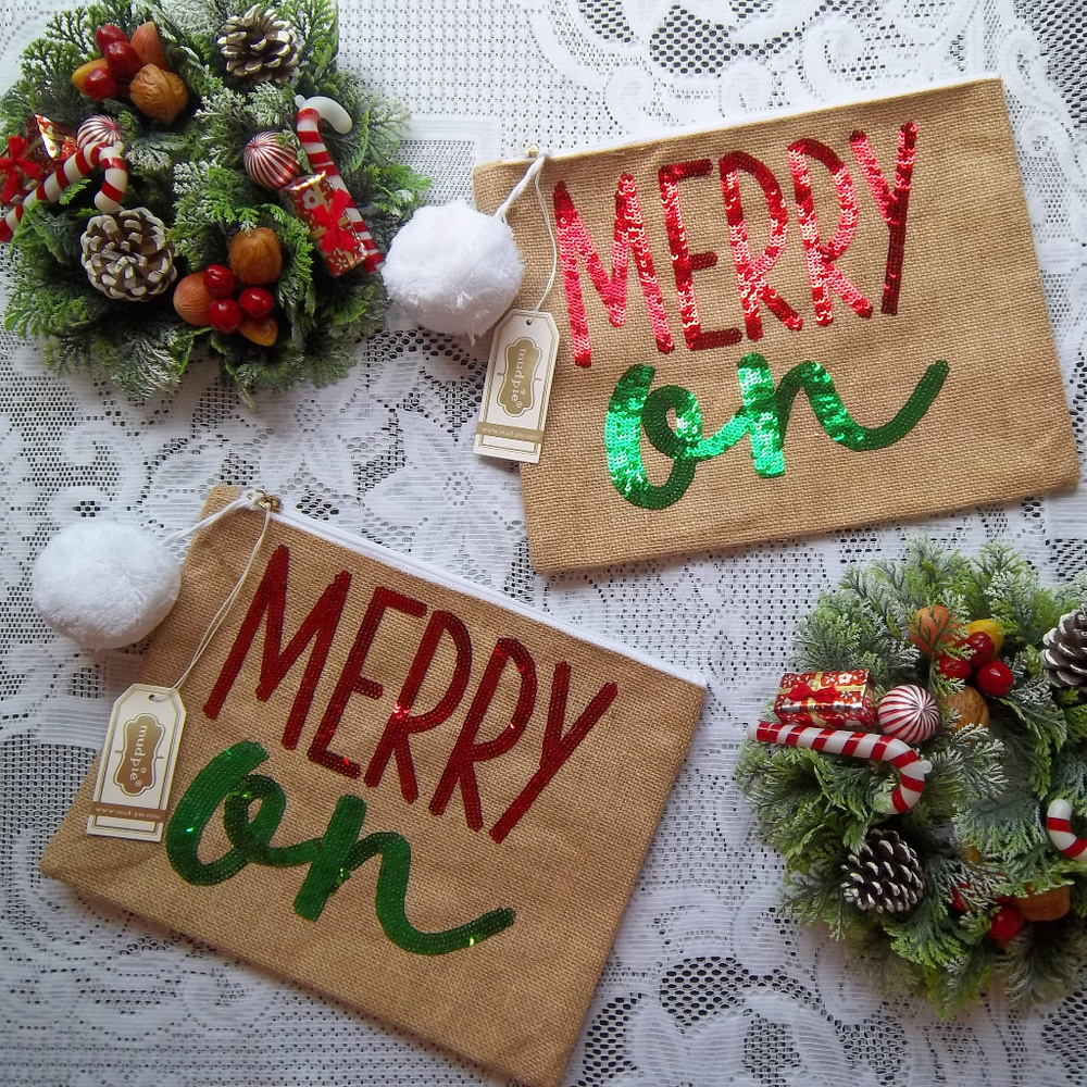 Mud Pie Merry On Holiday Burlap Pom Pom Bag